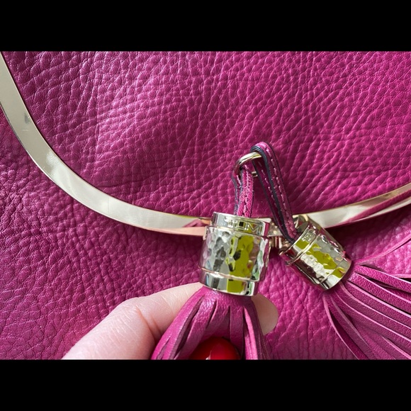 Tumi pink leather clutch w/purple lining and tassels - Picture 4 of 7